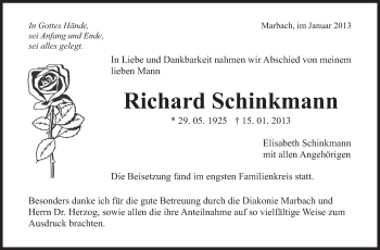 Traueranzeige von Richard Schinkmann von Marbacher Zeitung