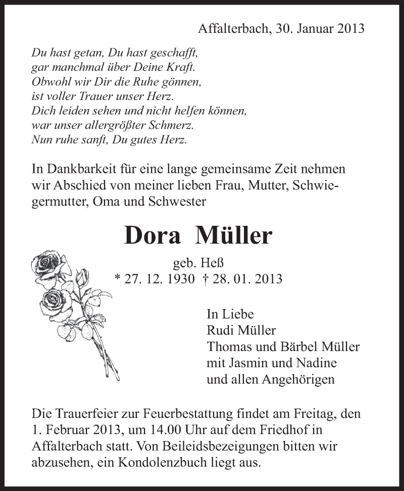  Traueranzeige für Dora Müller vom 30.01.2013 aus Marbacher Zeitung