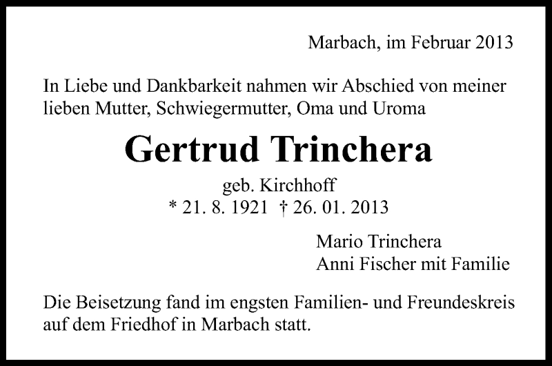  Traueranzeige für Gertrud Trinchera vom 06.02.2013 aus Stuttgarter Zeitung / Stuttgarter Nachrichten