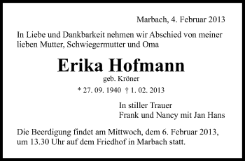 Traueranzeige von Erika Hofmann von Marbacher Zeitung