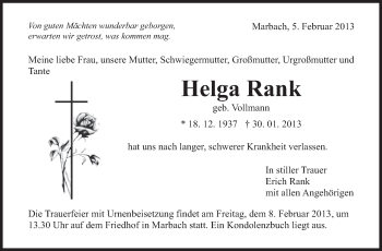 Traueranzeige von Helga Rank von Stuttgarter Zeitung / Stuttgarter Nachrichten