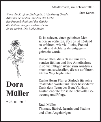 Traueranzeige von Dora Müller von Marbacher Zeitung