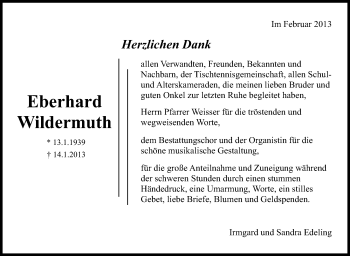 Traueranzeige von Eberhard Wildermuth von Marbacher Zeitung