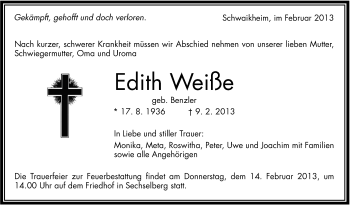 Traueranzeige von Edith Weiße von Stuttgarter Zeitung / Stuttgarter Nachrichten