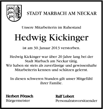 Traueranzeige von Hedwig Kickinger von Stuttgarter Zeitung / Stuttgarter Nachrichten