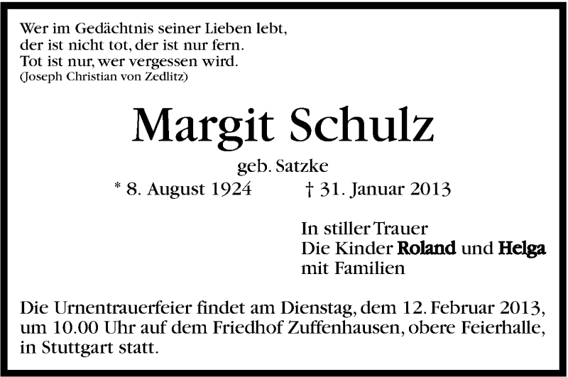 Traueranzeige für Margit Schulz vom 08.02.2013 aus Stuttgarter Zeitung / Stuttgarter Nachrichten