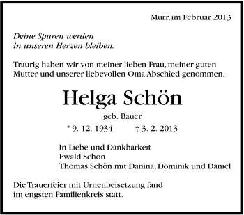 Traueranzeige von Helga Schön von Stuttgarter Zeitung / Stuttgarter Nachrichten