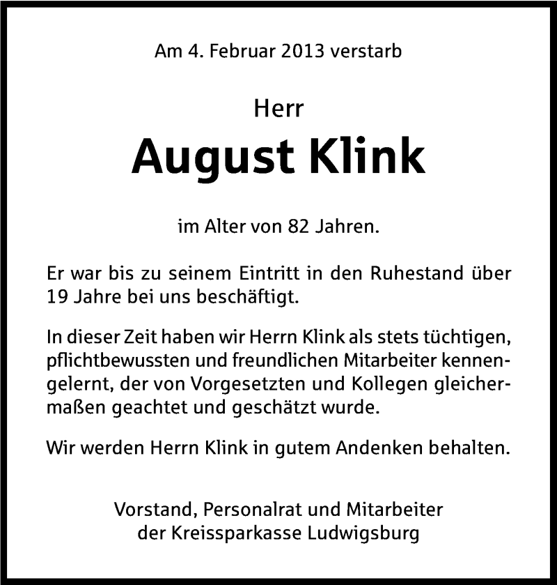  Traueranzeige für August Klink vom 07.02.2013 aus Stuttgarter Zeitung / Stuttgarter Nachrichten