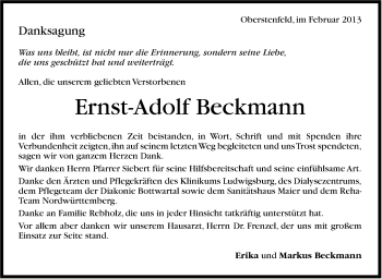 Traueranzeige von Ernst-Adolf Beckmann von Marbacher Zeitung