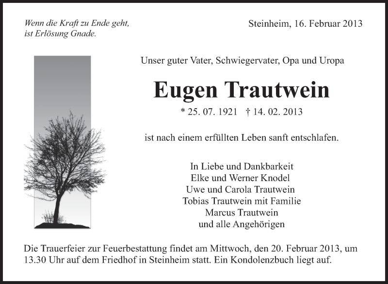  Traueranzeige für Eugen Trautwein vom 16.02.2013 aus Stuttgarter Zeitung / Stuttgarter Nachrichten