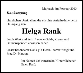 Traueranzeige von Helga Rank von Stuttgarter Zeitung / Stuttgarter Nachrichten