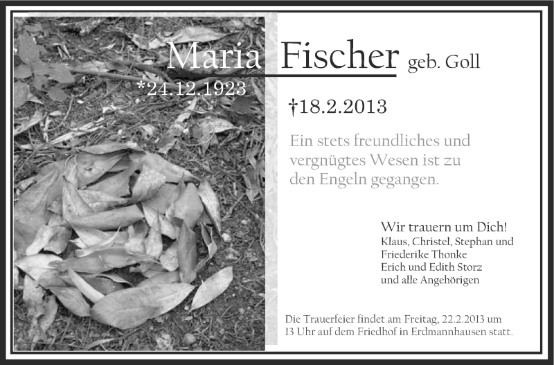  Traueranzeige für Maria Fischer vom 21.02.2013 aus Marbacher Zeitung