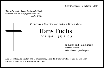 Traueranzeige von Hans Fuchs von Stuttgarter Zeitung / Stuttgarter Nachrichten
