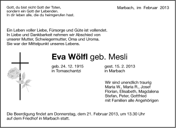 Traueranzeige von Eva Wölfl von Stuttgarter Zeitung / Stuttgarter Nachrichten