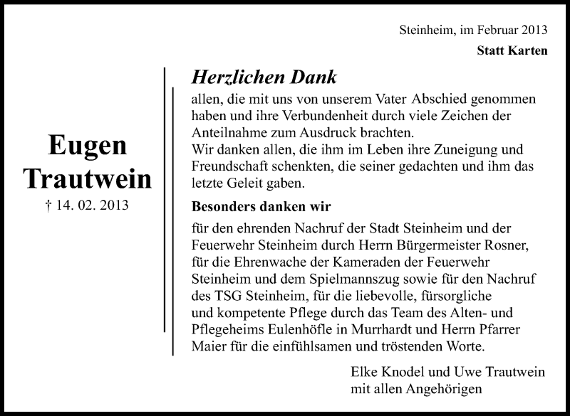  Traueranzeige für Eugen Trautwein vom 28.02.2013 aus Stuttgarter Zeitung / Stuttgarter Nachrichten