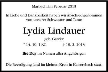 Traueranzeige von Lydia Lindauer von Stuttgarter Zeitung / Stuttgarter Nachrichten