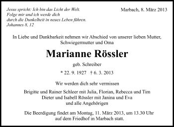 Traueranzeige von Marianne Rössler von Marbacher Zeitung