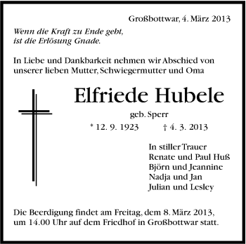 Traueranzeige von Elfriede Hubele von Marbacher Zeitung