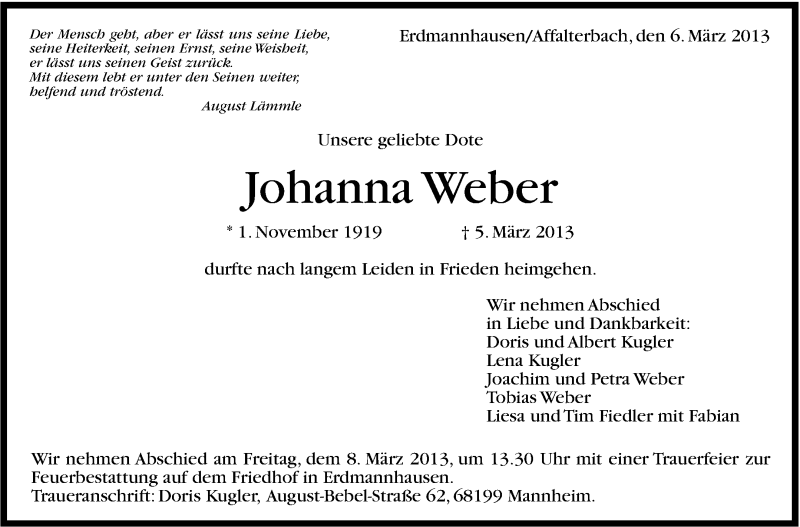  Traueranzeige für Johanna Weber vom 06.03.2013 aus Marbacher Zeitung