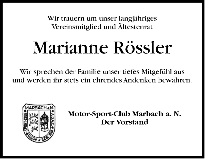  Traueranzeige für Marianne Rössler vom 09.03.2013 aus Marbacher Zeitung