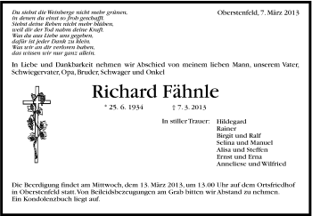 Traueranzeige von Richard Fähnle von Marbacher Zeitung