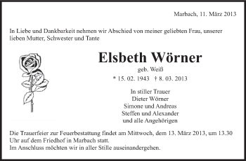 Traueranzeige von Elsbeth Wörner von Marbacher Zeitung