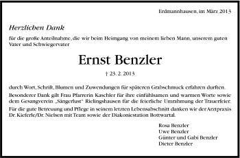 Traueranzeige von Ernst Benzler von Marbacher Zeitung