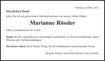 Traueranzeige von Marianne Rössler von Marbacher Zeitung