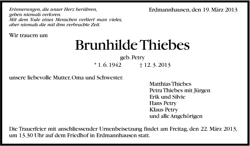  Traueranzeige für Brunhilde Thiebes vom 19.03.2013 aus Marbacher Zeitung