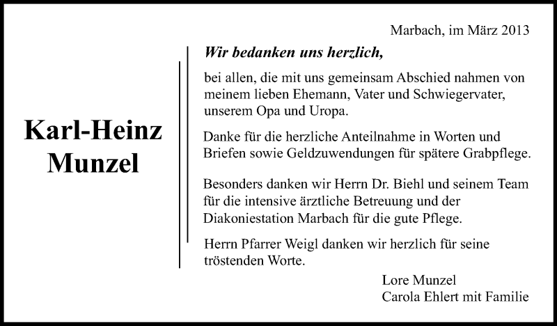  Traueranzeige für Karl-Heinz Munzel vom 21.03.2013 aus Marbacher Zeitung