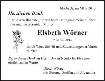 Traueranzeige von Elsbeth Wörner von Marbacher Zeitung
