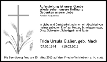 Traueranzeige von Frida Ursula Gläßler von Marbacher Zeitung