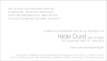 Traueranzeige von Hilde Durst von Marbacher Zeitung