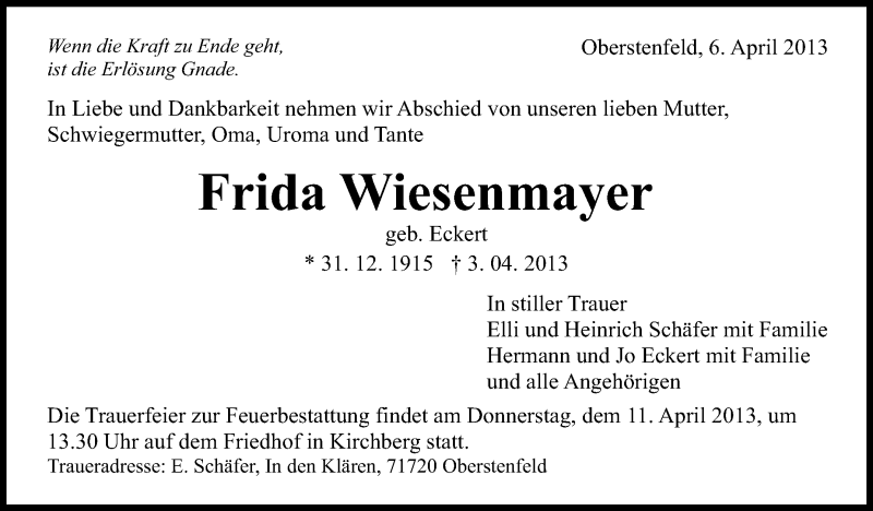  Traueranzeige für Frida Wiesenmayer vom 06.04.2013 aus Marbacher Zeitung