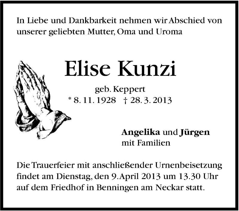  Traueranzeige für Elise Kunzi vom 06.04.2013 aus Marbacher Zeitung