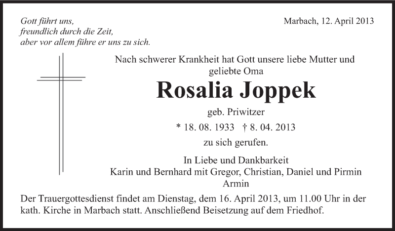  Traueranzeige für Rosalia Joppek vom 12.04.2013 aus Marbacher Zeitung