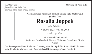 Traueranzeige von Rosalia Joppek von Marbacher Zeitung
