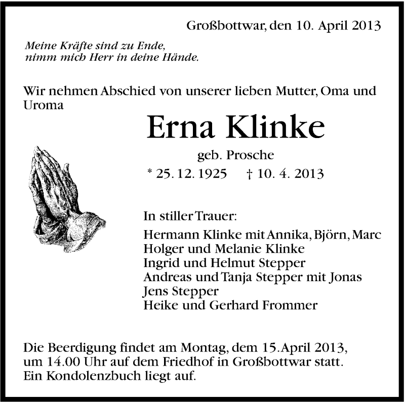  Traueranzeige für Erna Klinke vom 12.04.2013 aus Marbacher Zeitung
