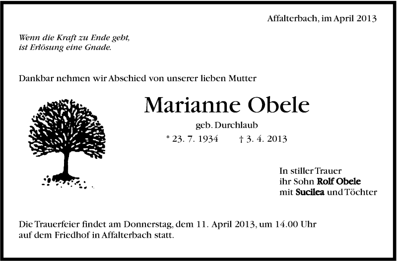  Traueranzeige für Marianne Obele vom 09.04.2013 aus Marbacher Zeitung