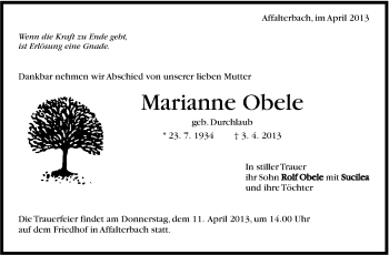 Traueranzeige von Marianne Obele von Marbacher Zeitung