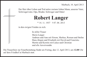 Traueranzeige von Robert Langer von Marbacher Zeitung