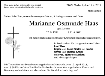 Traueranzeige von Marianne Osmunde Haas von Marbacher Zeitung