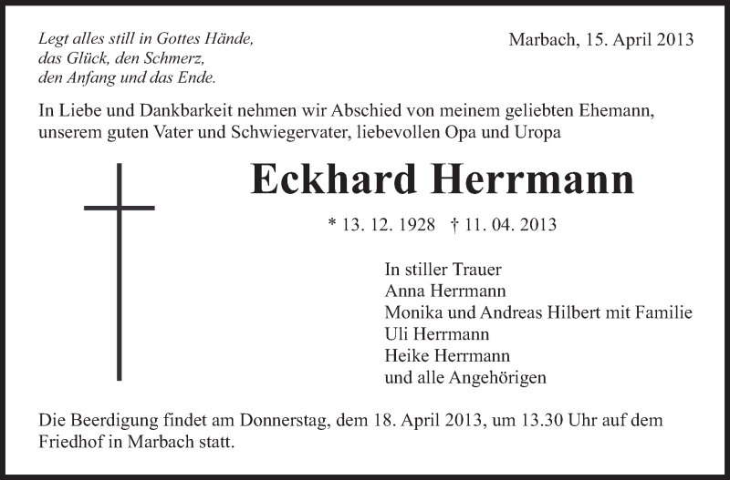  Traueranzeige für Eckhard Herrmann vom 15.04.2013 aus Marbacher Zeitung
