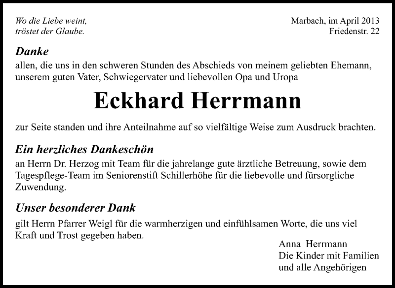  Traueranzeige für Eckhard Herrmann vom 02.05.2013 aus Marbacher Zeitung