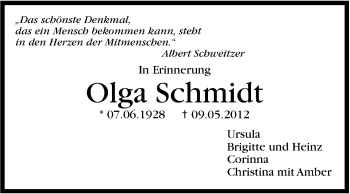 Traueranzeige von Olga Schmidt von Marbacher Zeitung