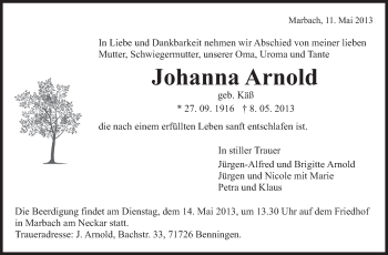 Traueranzeige von Johanna Arnold von Marbacher Zeitung