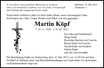 Traueranzeige von Martin Köpf von Marbacher Zeitung