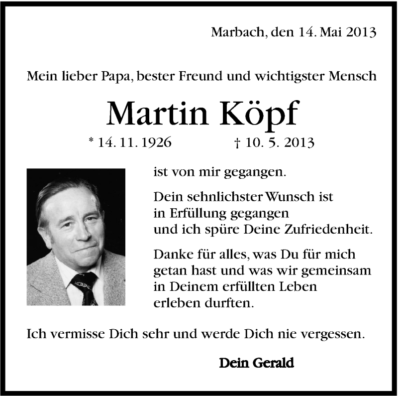 Traueranzeige für Martin Köpf vom 14.05.2013 aus Marbacher Zeitung