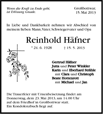 Traueranzeige von Reinhold Häfner von Marbacher Zeitung