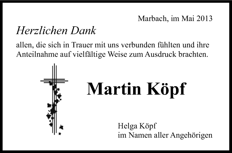  Traueranzeige für Martin Köpf vom 23.05.2013 aus Marbacher Zeitung